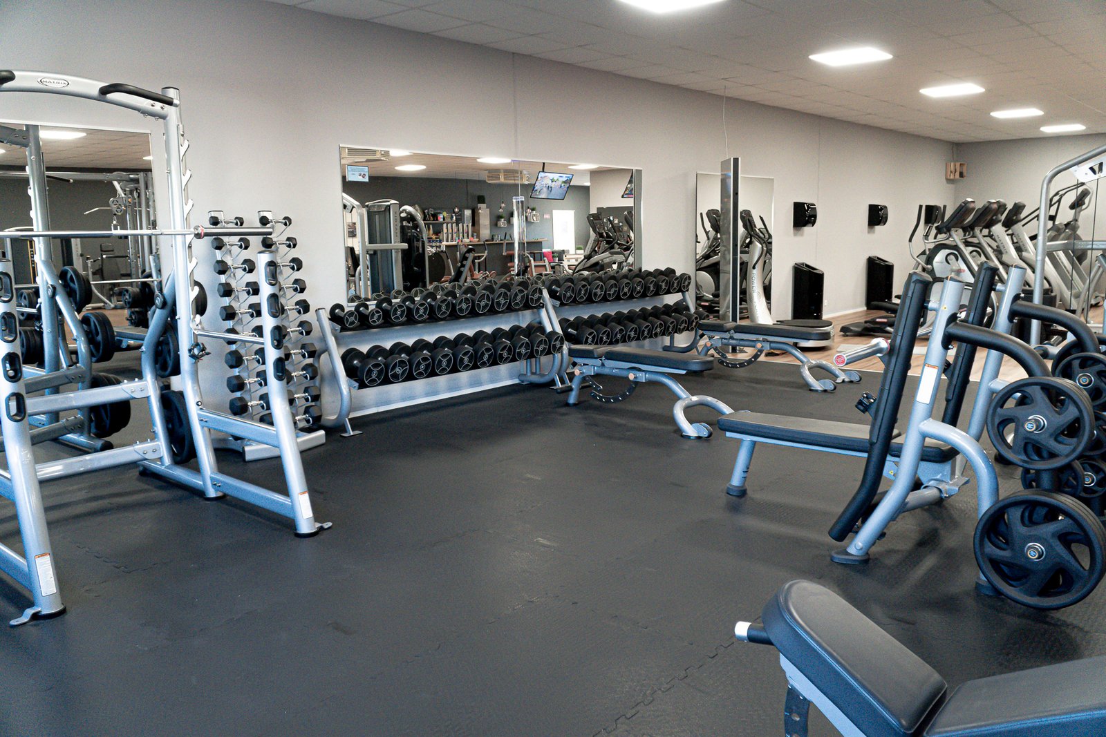 Freihantelbereich mit Kurzhanteln im ONLYFIT Studio Pöttmes